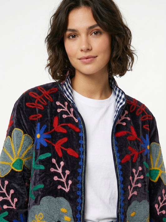 Women's Sugar Bliss 1040 Suzani Reversible Velvet Jacket – Artistic Embroidered Statement Jacket