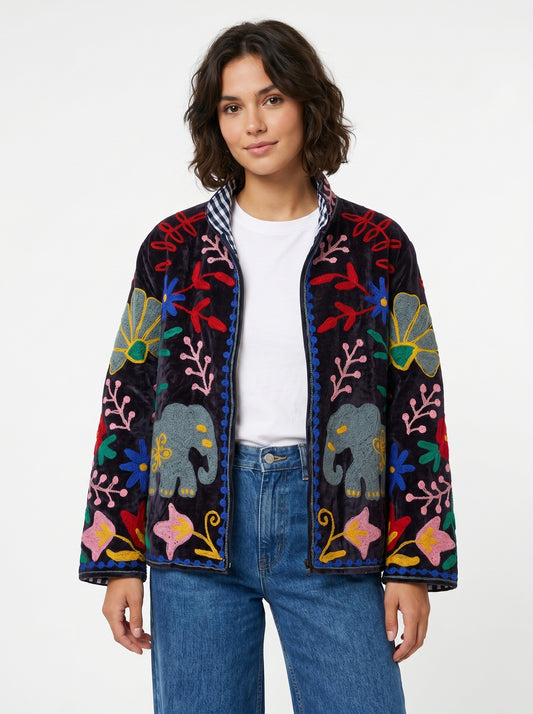 Women's Sugar Bliss 1040 Suzani Reversible Velvet Jacket – Artistic Embroidered Statement Jacket