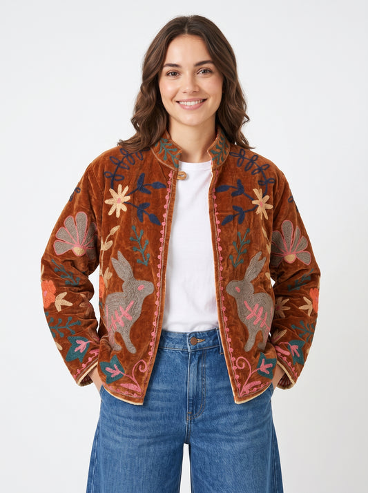 Women's Brown Charm 1042 Suzani Reversible Velvet Jacket – Artistic Embroidered Statement Jacket