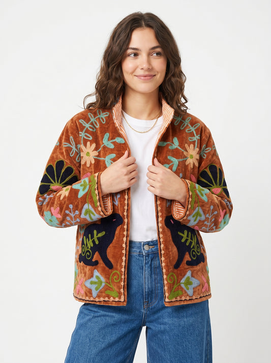 Women's August Bliss 1043 Suzani Reversible Velvet Jacket – Artistic Embroidered Statement Jacket