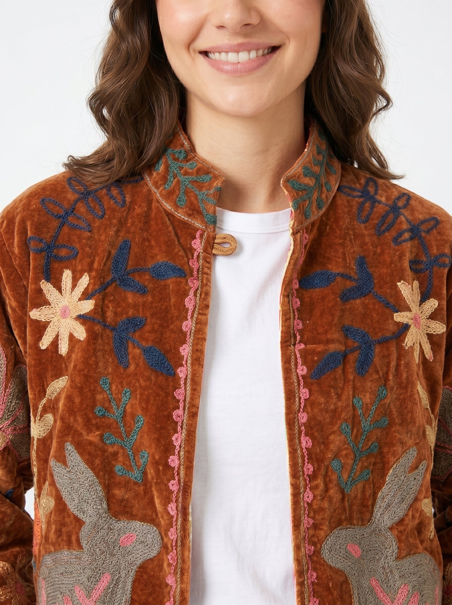 Women's Brown Charm 1042 Suzani Reversible Velvet Jacket – Artistic Embroidered Statement Jacket