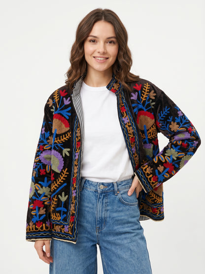 Women's Kiss in Dream 1044 Suzani Reversible Velvet Jacket – Artistic Embroidered Statement Jacket
