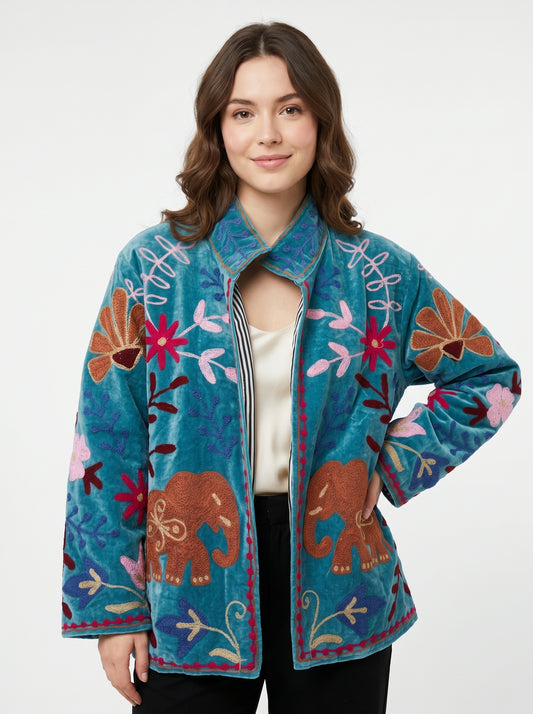 Women's January Bliss 1046 Suzani Reversible Velvet Jacket – Artistic Embroidered Statement Jacket