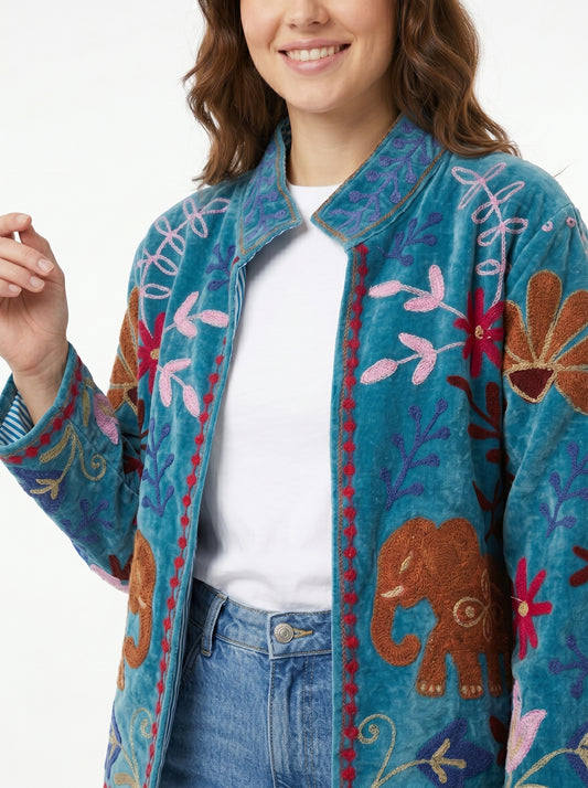 Women's January Bliss 1046 Suzani Reversible Velvet Jacket – Artistic Embroidered Statement Jacket