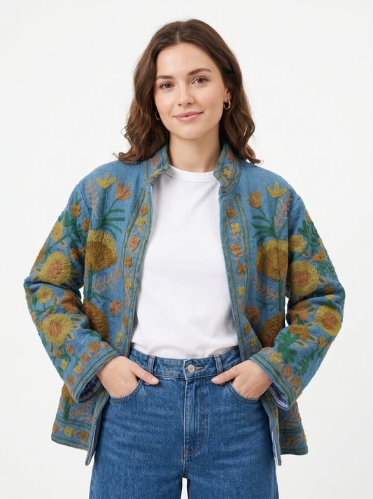 Women's Orange Sequin 1049 Suzani Reversible Cotton Jacket – Artistic Embroidered Statement Jacket