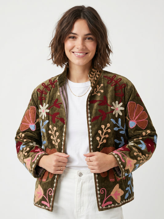 Women's Charm's In lane 1051 Suzani Reversible Velvet Jacket – Artistic Embroidered Statement Jacket