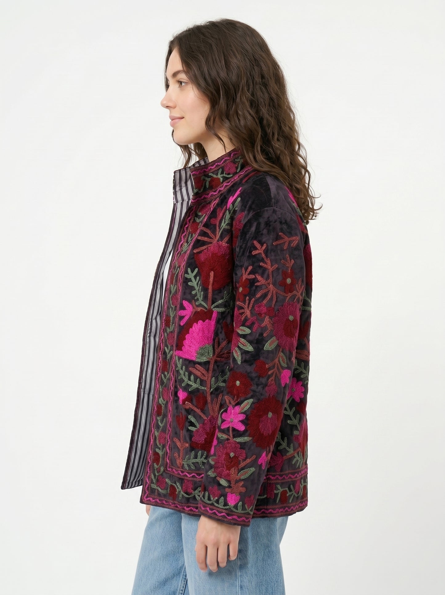 Women's Pink Drama 1054 Suzani Reversible Velvet Jacket – Artistic Embroidered Statement Jacket