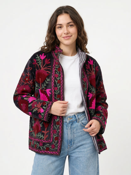 Women's Pink Drama 1054 Suzani Reversible Velvet Jacket – Artistic Embroidered Statement Jacket