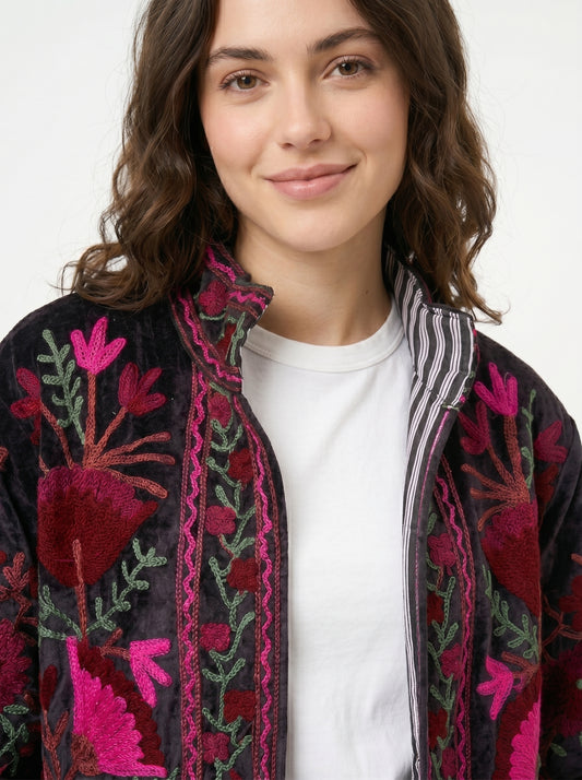 Women's Pink Drama 1054 Suzani Reversible Velvet Jacket – Artistic Embroidered Statement Jacket