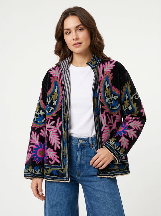 Women's Classic Vibe1055 Suzani Reversible Velvet Jacket – Artistic Embroidered Statement Jacket