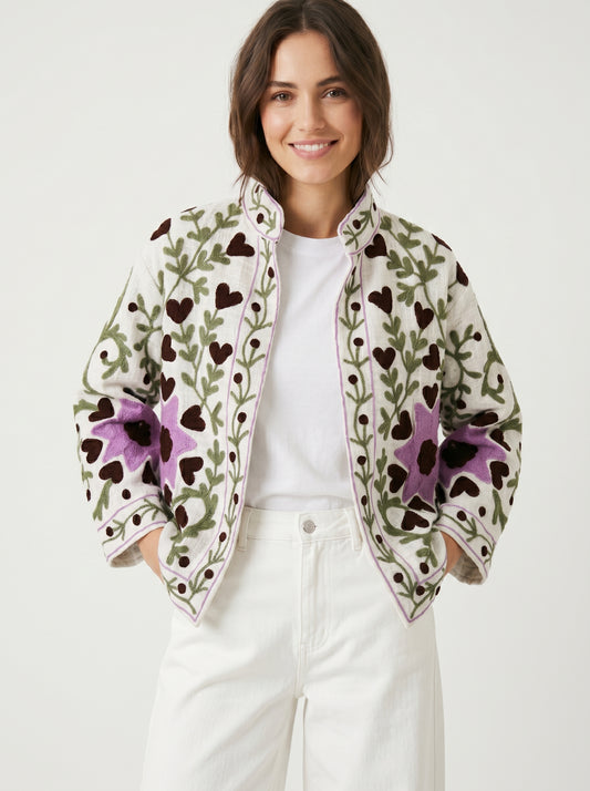 Women's White Chic 1057 Suzani Reversible Velvet Jacket – Artistic Embroidered Statement Jacket