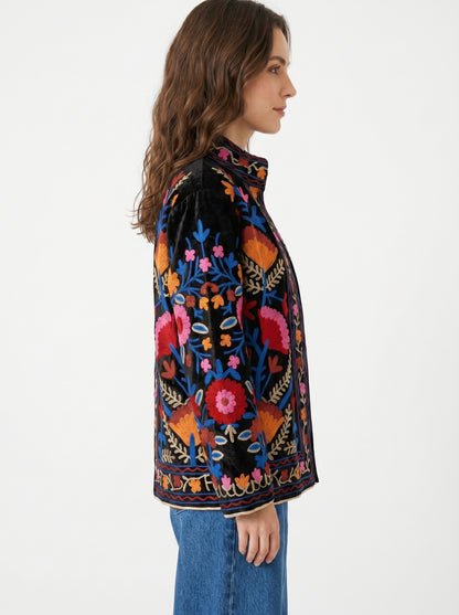 Women's Old Vibe 1058 Suzani Reversible Velvet Jacket – Artistic Embroidered Statement Jacket