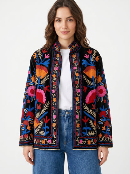 Women's Old Vibe 1058 Suzani Reversible Velvet Jacket – Artistic Embroidered Statement Jacket