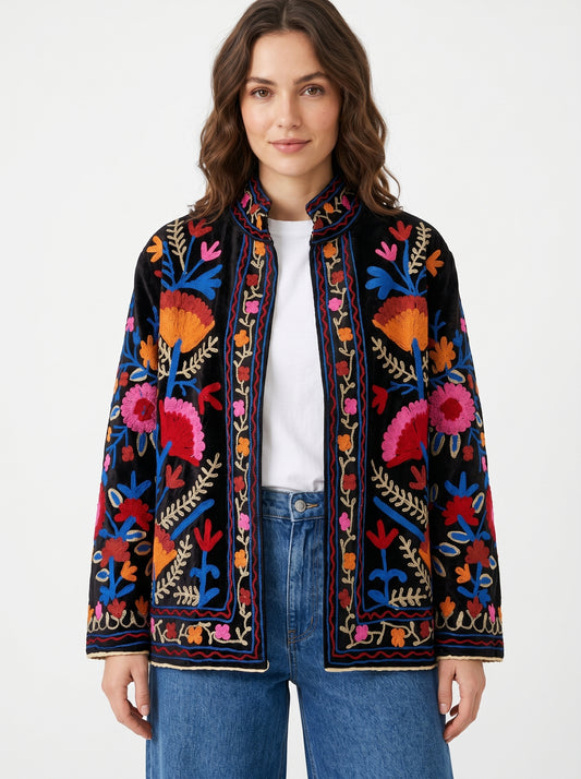 Women's Old Vibe 1058 Suzani Reversible Velvet Jacket – Artistic Embroidered Statement Jacket