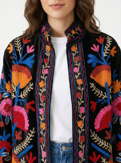 Women's Old Vibe 1058 Suzani Reversible Velvet Jacket – Artistic Embroidered Statement Jacket