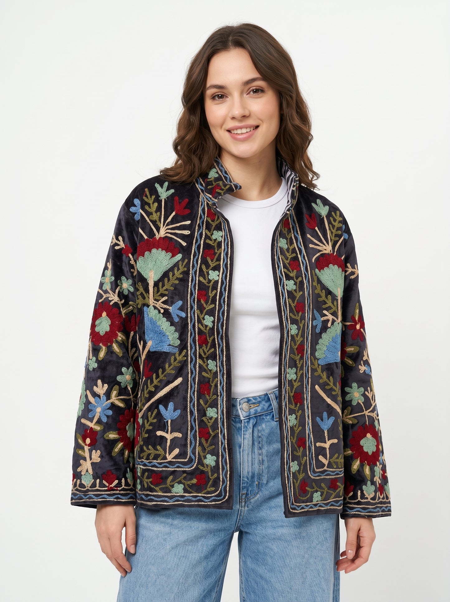 Women's Chic Lane 1072 Suzani Reversible Velvet Jacket – Artistic Embroidered Statement Jacket