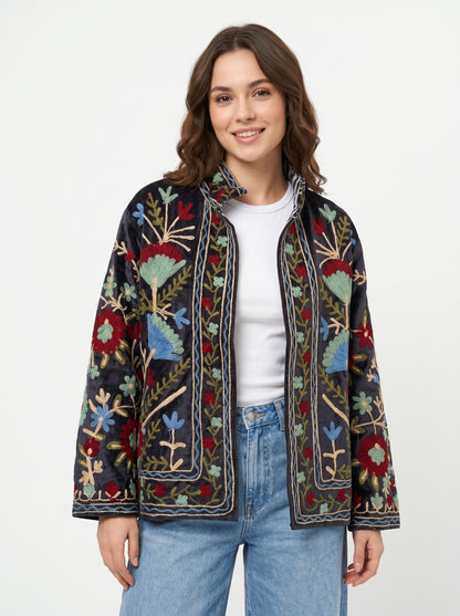 Women's Chic Lane 1072 Suzani Reversible Velvet Jacket – Artistic Embroidered Statement Jacket