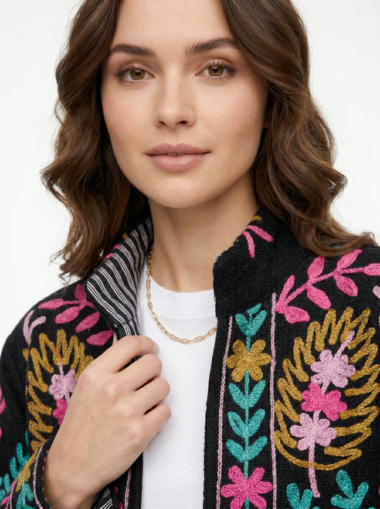 Women's Black Vine 1060 Suzani Reversible Velvet Jacket – Artistic Embroidered Statement Jacket