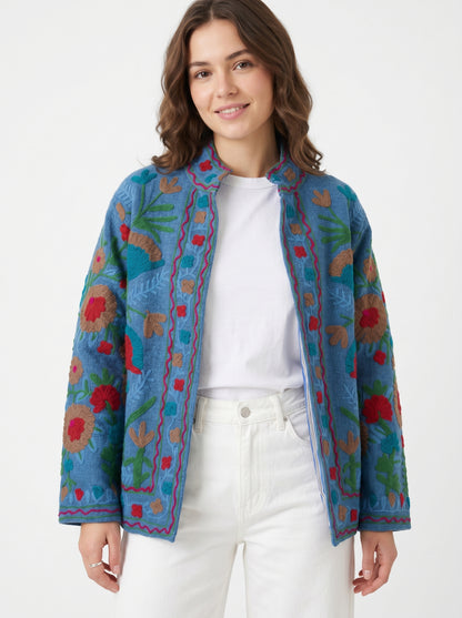 Women's Bloom Floral 1061 Suzani Reversible Cotton Jacket – Artistic Embroidered Statement Jacket