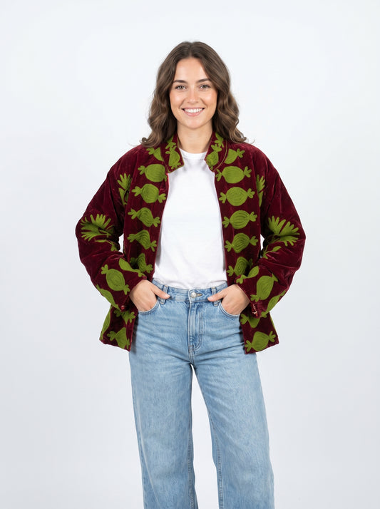 Women's Maroon Love 1063 Suzani Reversible Velvet Jacket – Artistic Embroidered Statement Jacket