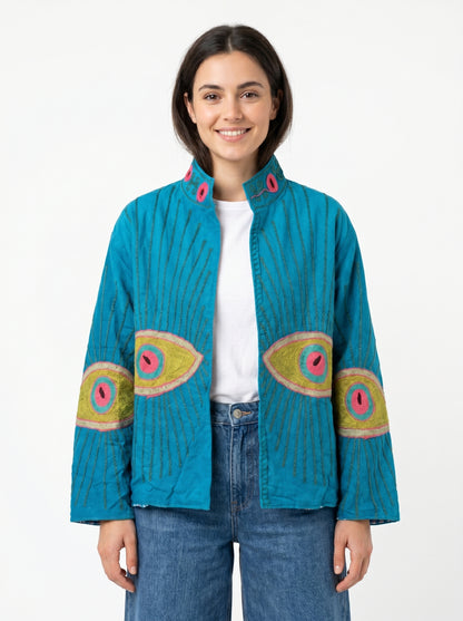 Women's Teal Evil's Eye 1064 Suzani Reversible Velvet Jacket – Artistic Embroidered Statement Jacket