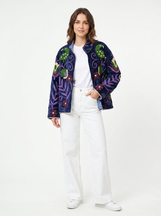 Women's Black Snow 1065 Suzani Reversible Velvet Jacket – Artistic Embroidered Statement Jacket