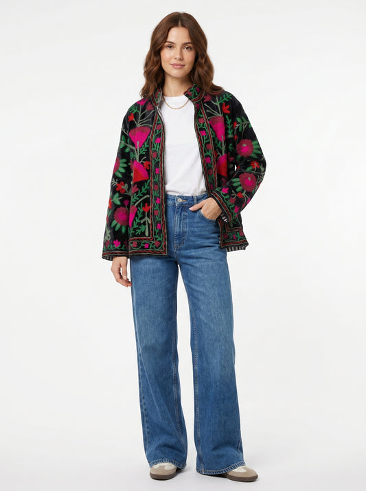 Women's Morning Breeze 1067 Suzani Reversible Velvet Jacket – Artistic Embroidered Statement Jacket