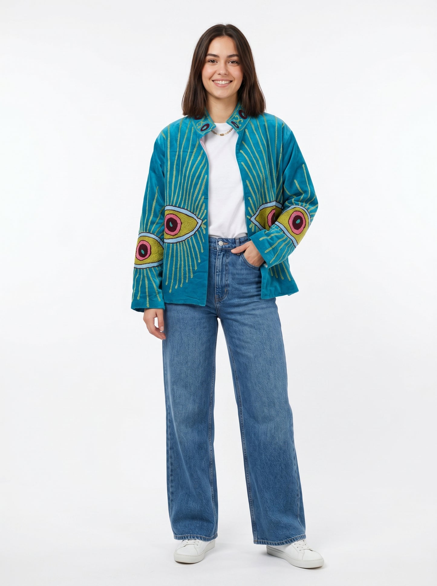 Women's Teal Evil's Eye 1069 Suzani Reversible Velvet Jacket – Artistic Embroidered Statement Jacket