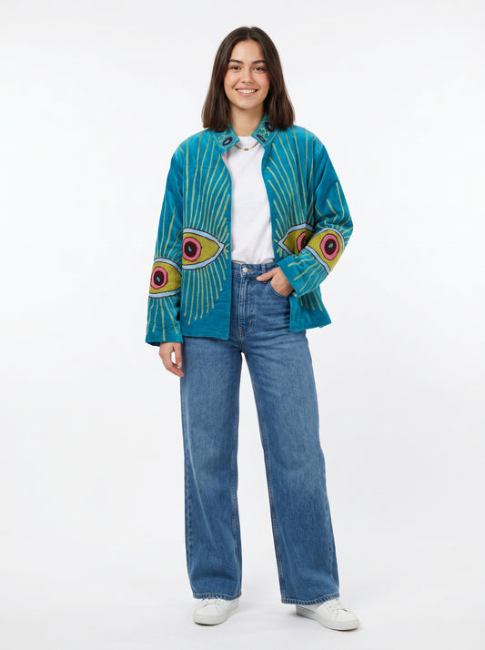 Women's Teal Evil's Eye 1069 Suzani Reversible Velvet Jacket – Artistic Embroidered Statement Jacket