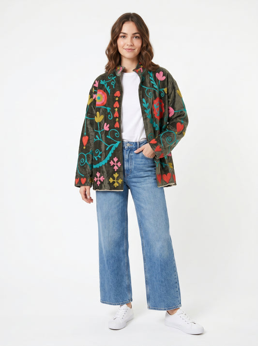 Women's Dream Breeze 1070 Suzani Reversible Velvet Jacket – Artistic Embroidered Statement Jacket