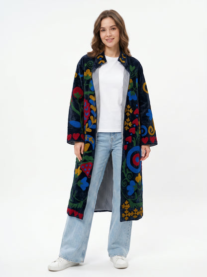 Women's Bloom Vine 1071 Suzani Reversible Velvet Long Jacket – Artistic Embroidered Statement Jacket