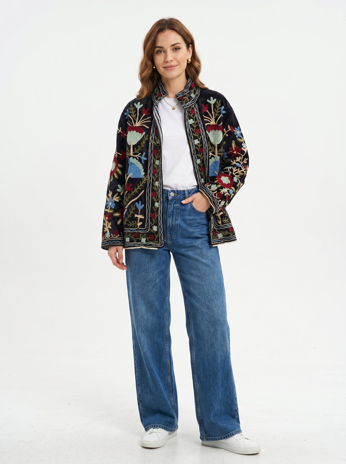 Women's Chic Lane 1072 Suzani Reversible Velvet Jacket – Artistic Embroidered Statement Jacket