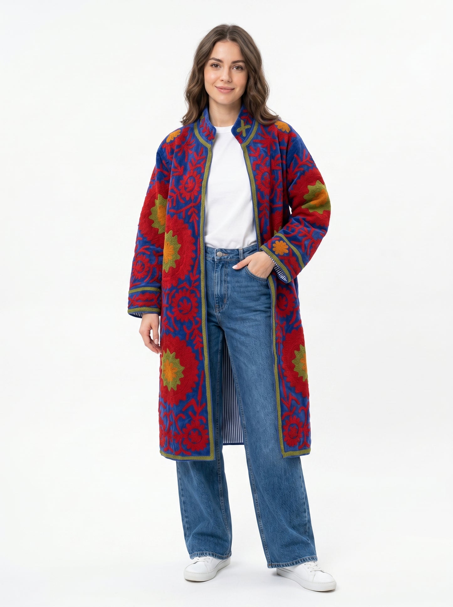Women's Chic Street 1073 Suzani Reversible Velvet Long Jacket – Artistic Embroidered Statement Jacket