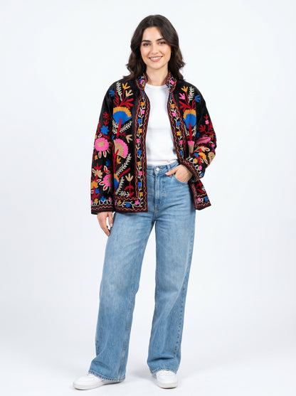Women's Sweet Memory 1074 Suzani Reversible Velvet Jacket – Artistic Embroidered Statement Jacket