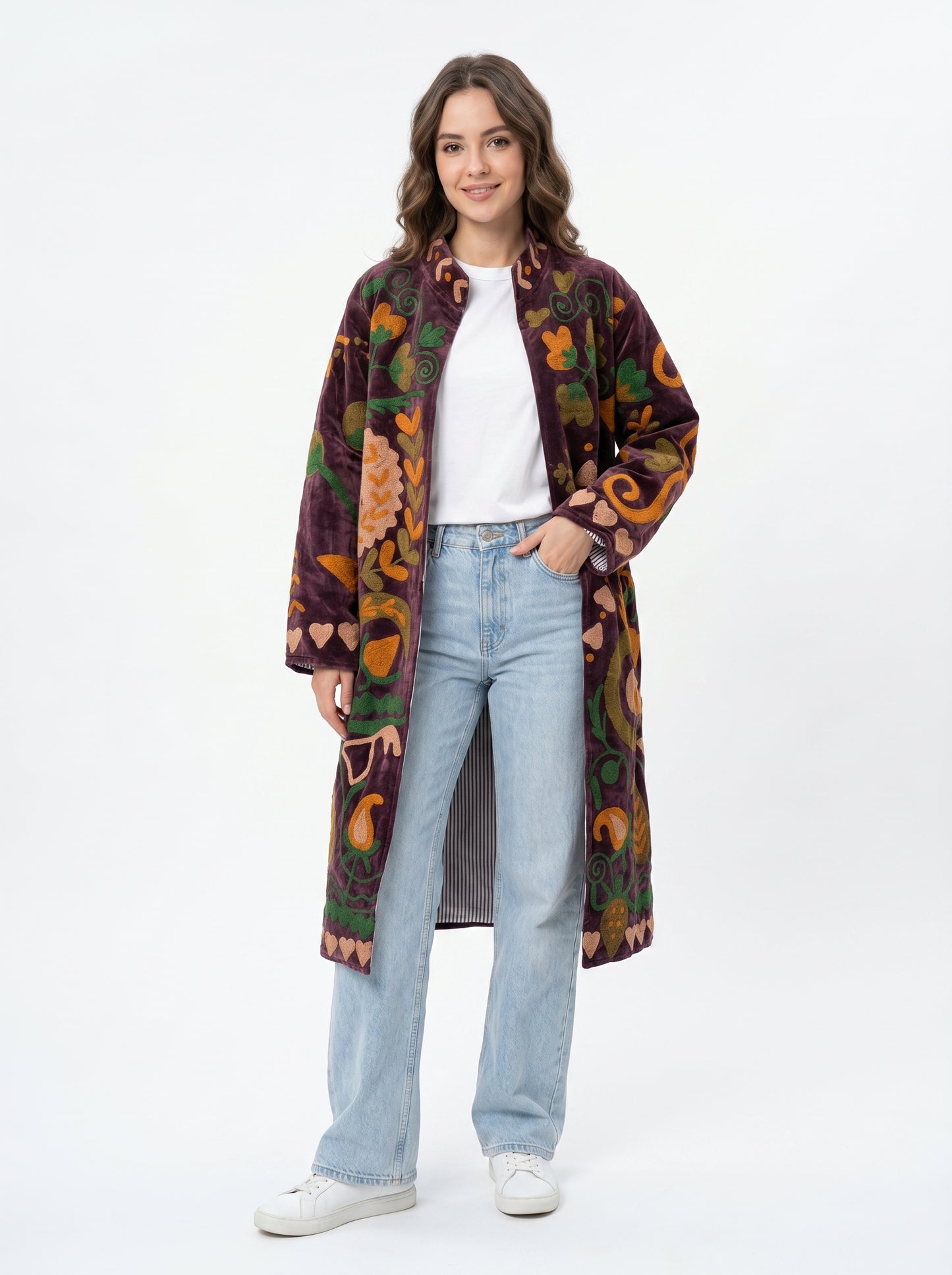 Women's Floral Whispers 1075 Suzani Reversible Velvet Long Jacket – Artistic Embroidered Statement Jacket