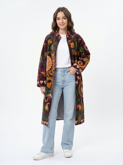 Women's Floral Whispers 1075 Suzani Reversible Velvet Long Jacket – Artistic Embroidered Statement Jacket