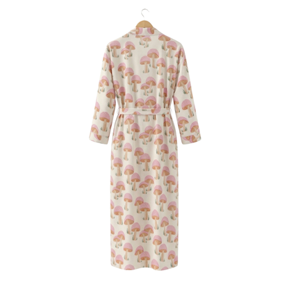 Pink mushroom party women's cotton kimono lightweight 
lounge robe. Whimsical botanical mushroom print cotton dressing gown.