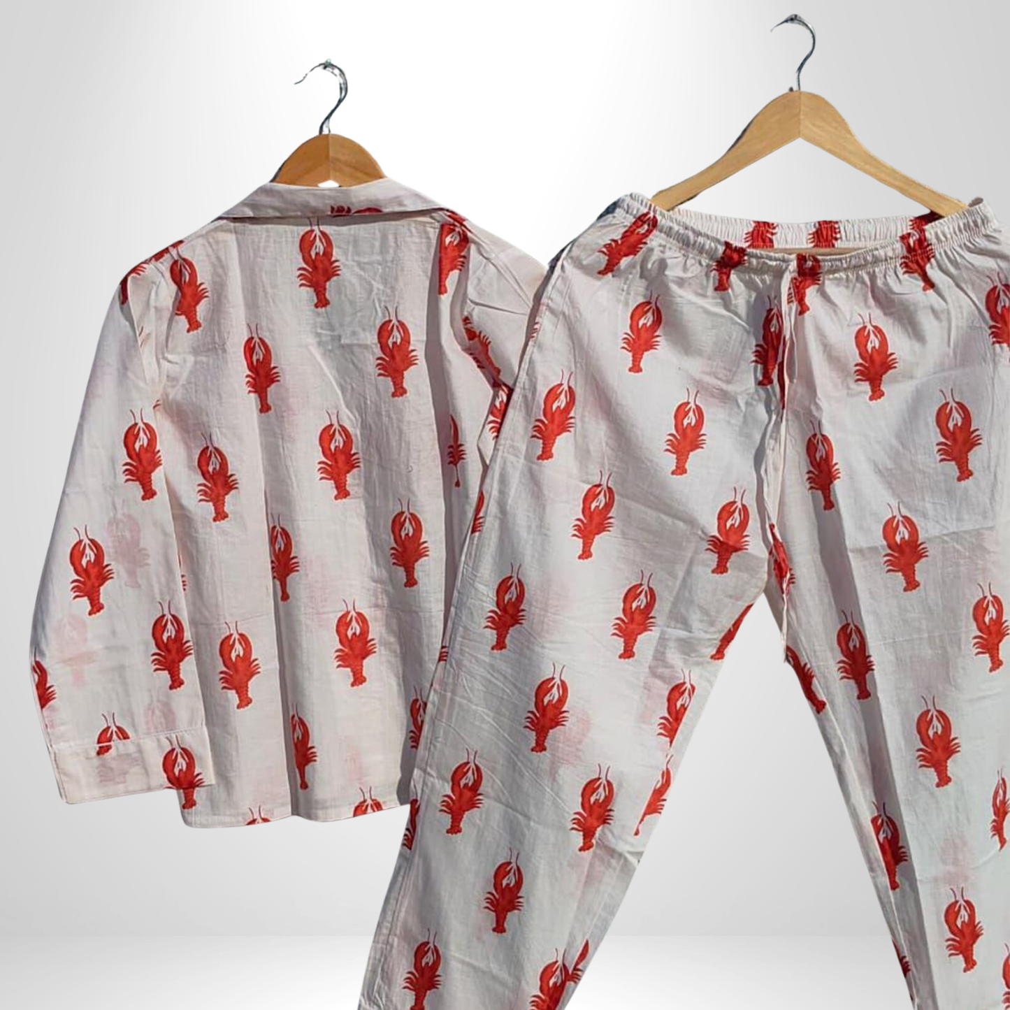 Women's White Lobster Love Cotton Night Suit Set – Elegant Two Piece Pajama Set