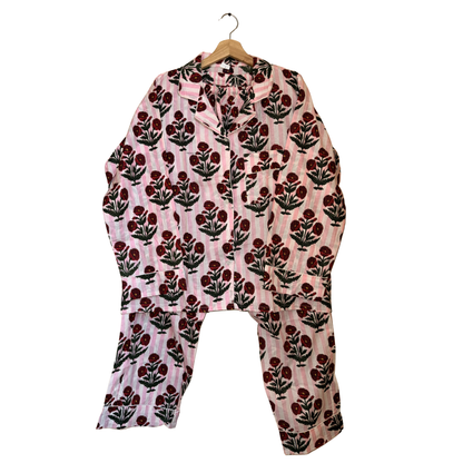 Women’s Pink Mini Flower Bunch Print Cotton Night Suit Set – Elegant Two Piece Pajama Set