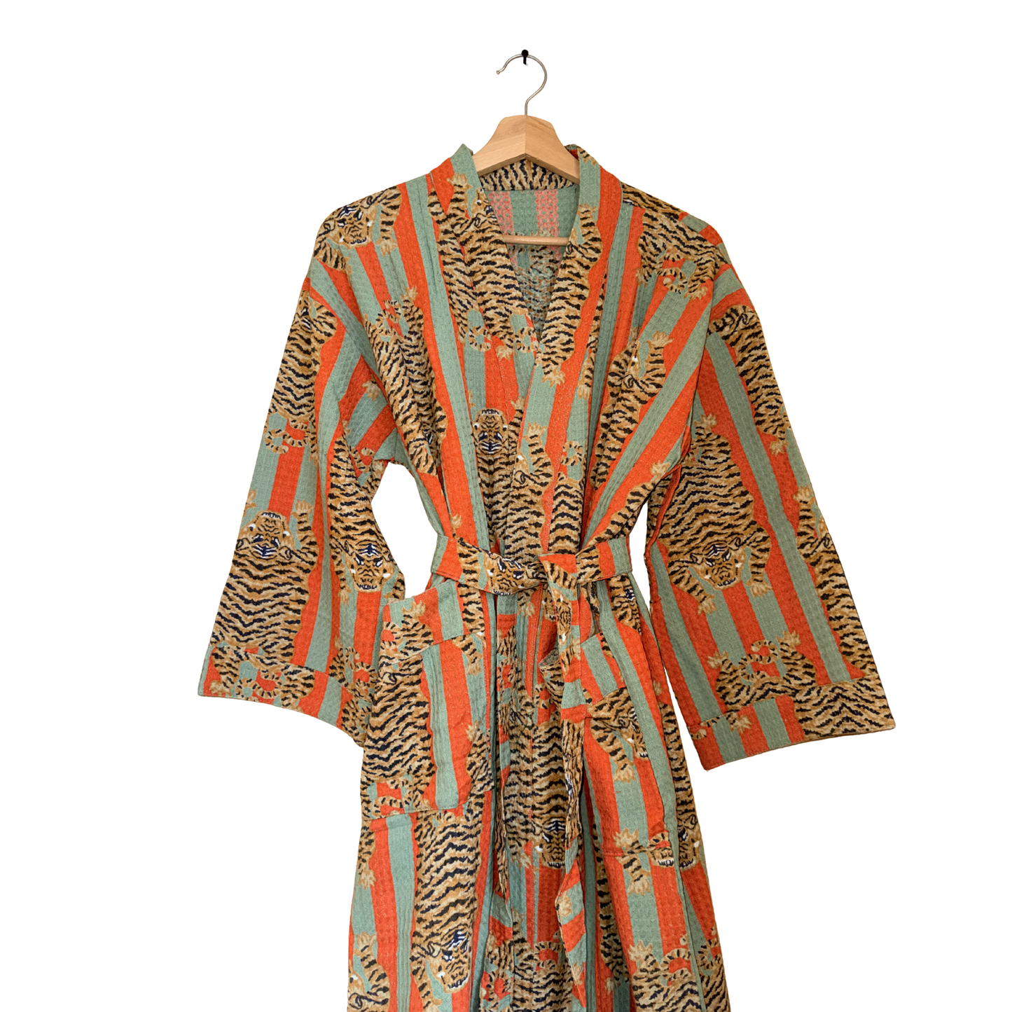 Bold Orange & Green Stripe Tiger Waffle Bathrobe – Luxury Spa Robe