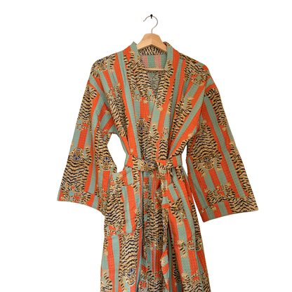 Bold Orange & Green Stripe Tiger Waffle Bathrobe – Luxury Spa Robe