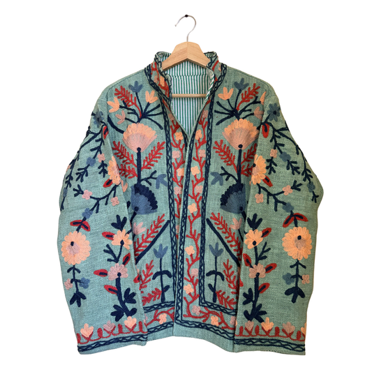 Women’s Emerald Green Suzani Reversible Cotton Jacket – Artistic Embroidered Statement Jacket