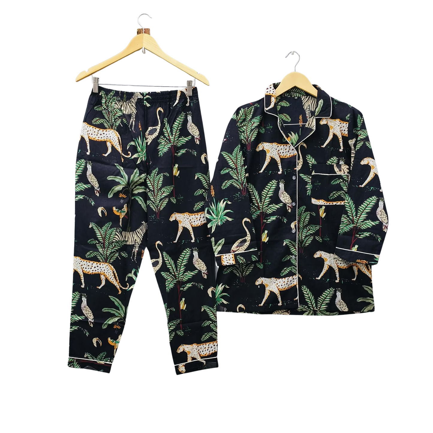 Women's Black Safari Print Cotton Night Suit Set – Cute Two Piece Pajama Set
