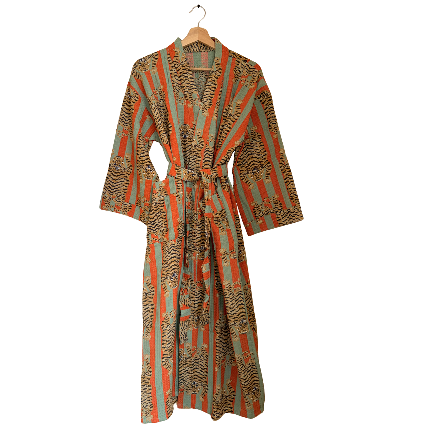 Bold Orange & Green Stripe Tiger Waffle Bathrobe – Luxury Spa Robe