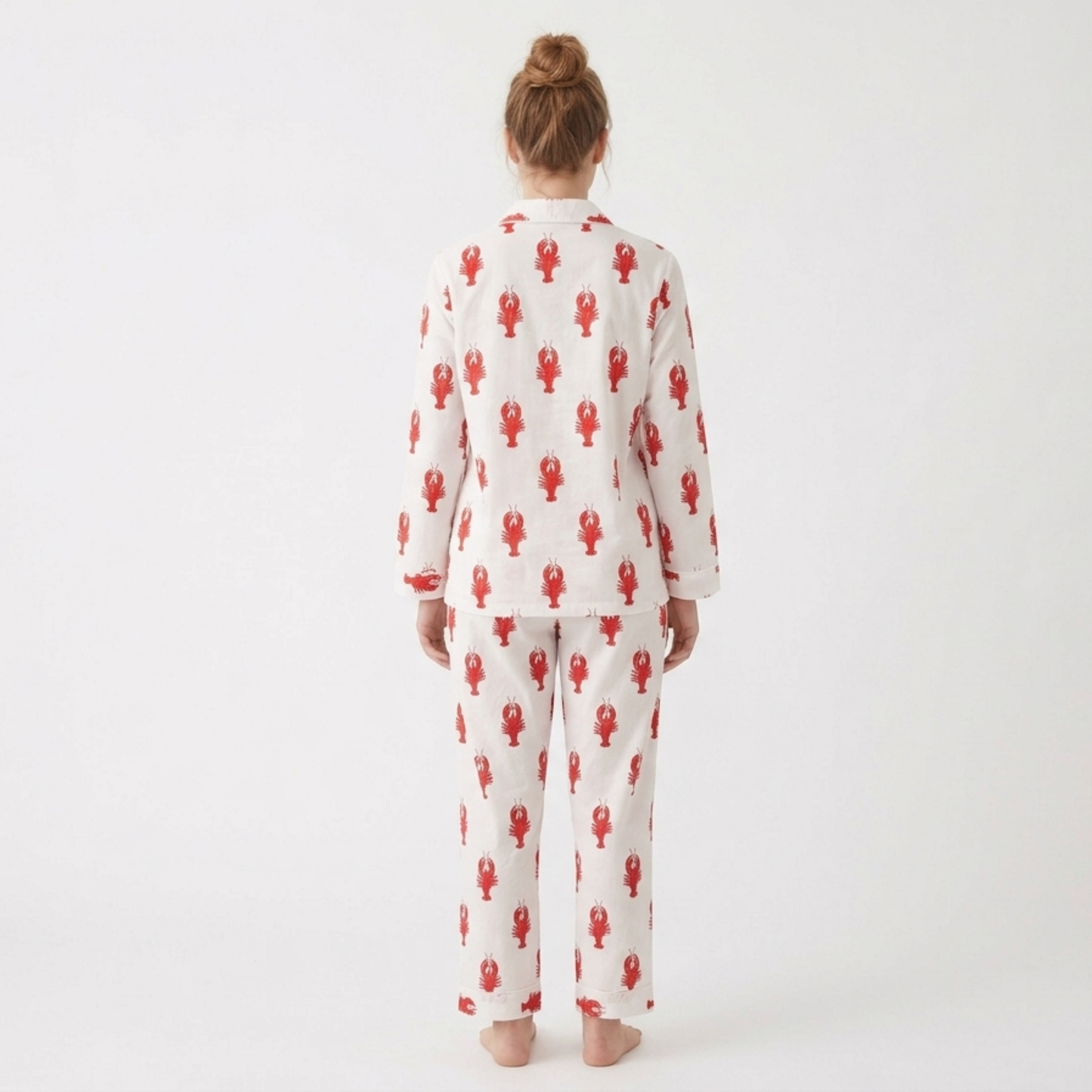 Women's White Lobster Love Cotton Night Suit Set – Elegant Two Piece Pajama Set