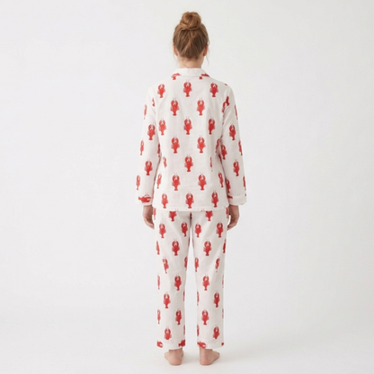 Women's White Lobster Love Cotton Night Suit Set – Elegant Two Piece Pajama Set