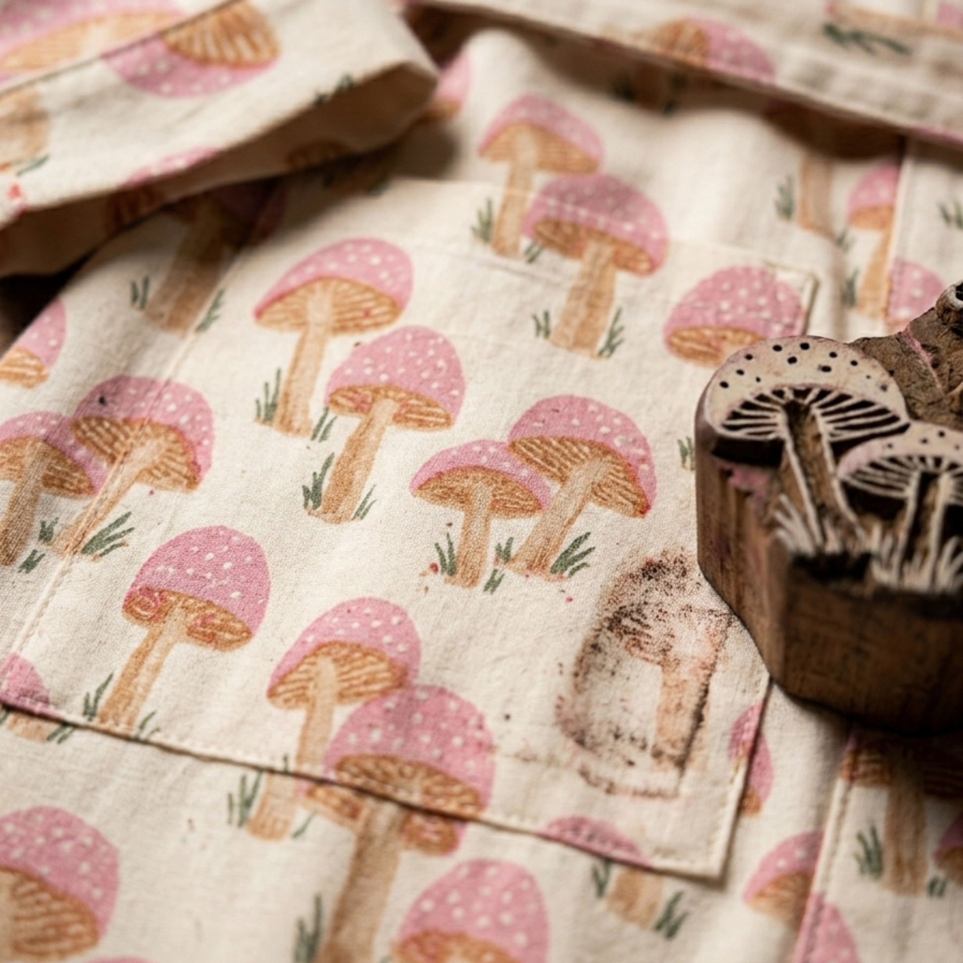 Pink mushroom party women's cotton kimono lightweight 
lounge robe. Whimsical botanical mushroom print cotton dressing gown.