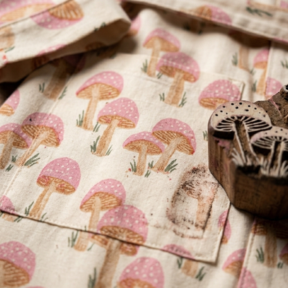 Pink mushroom party women's cotton kimono lightweight 
lounge robe. Whimsical botanical mushroom print cotton dressing gown.