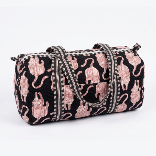 Black Tiger Print Quilted Cotton Duffle Bag – Lightweight Travel Weekender