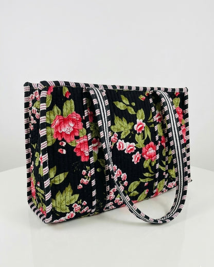 Black Floral Quilted Mini Tote Bag 10X12